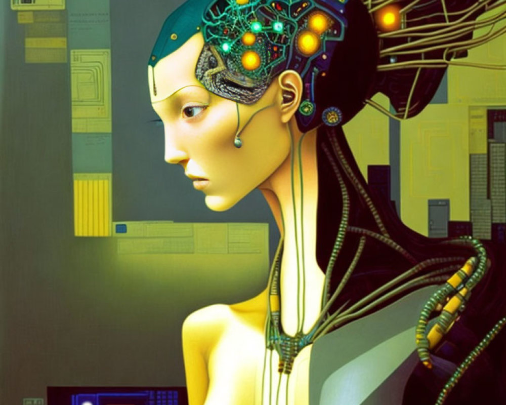 Futuristic humanoid robot with transparent cranium and electronic circuits.