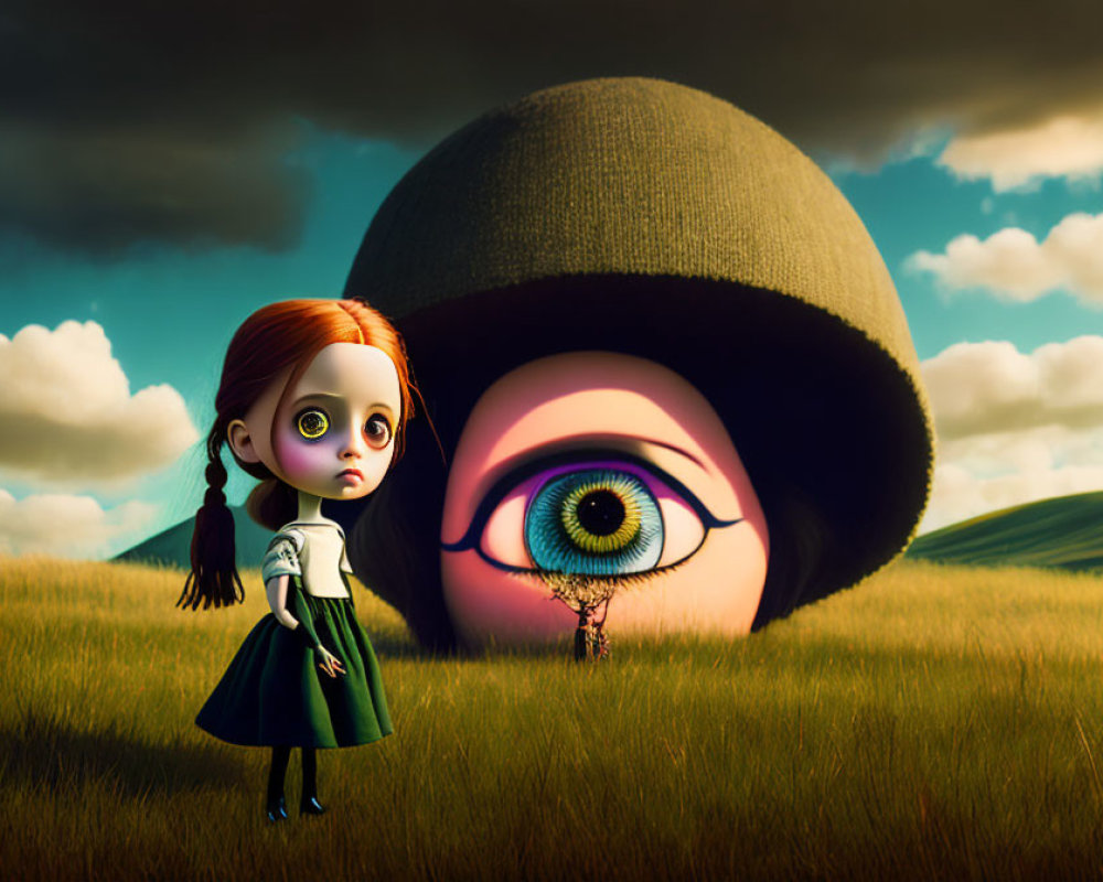 Surreal image: girl with oversized eyes and giant eye on hill under dramatic sky