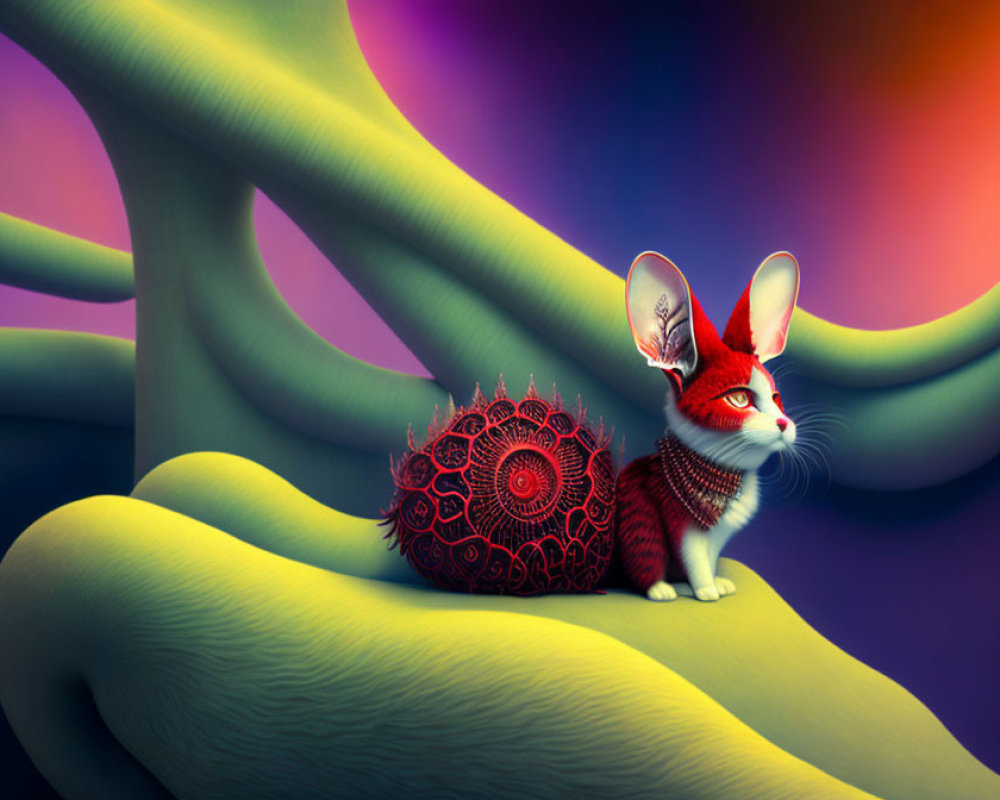 Colorful Illustration of Fox on Branch with Sphere in Vibrant Background