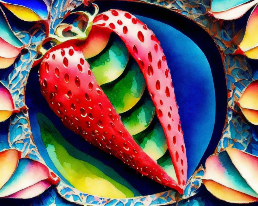 Colorful Watercolor Painting of a Textured Strawberry