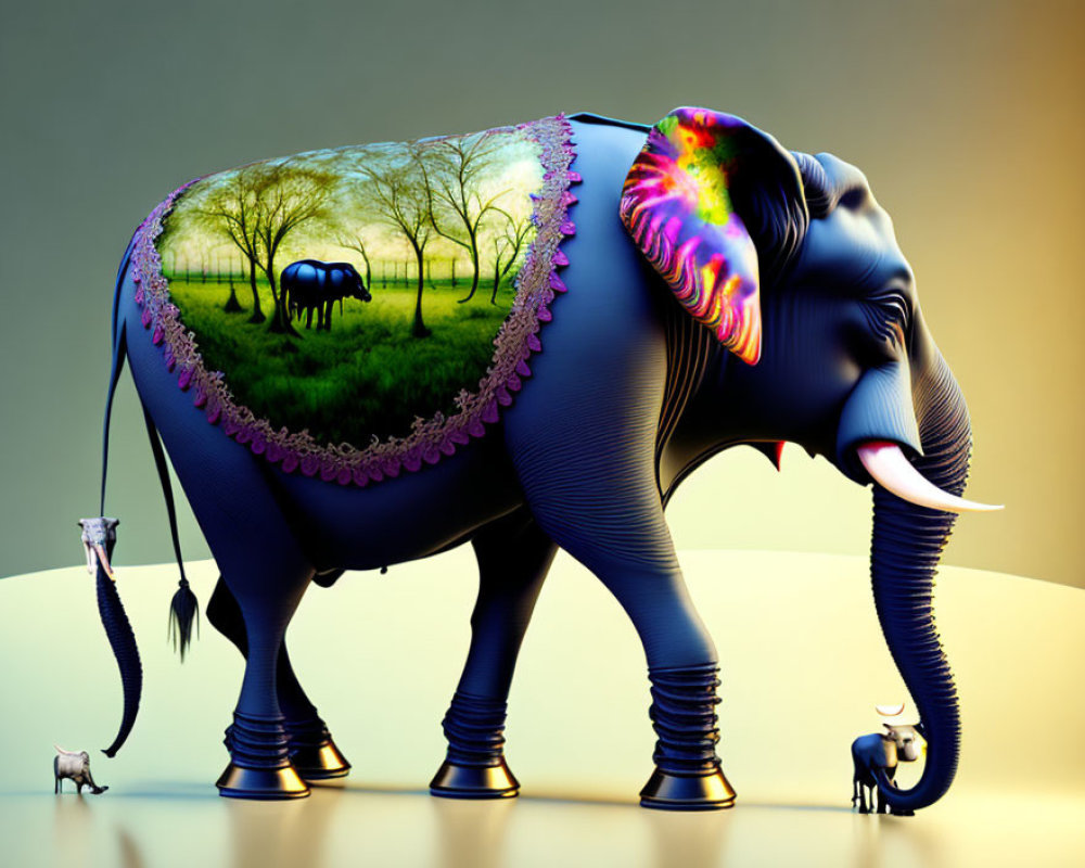 Colorful surreal elephant with glowing face and pastoral scene on body
