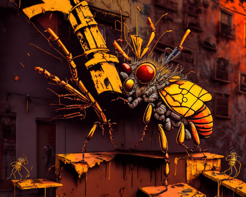 Vibrant digital artwork: Bee attacks dystopian cityscape