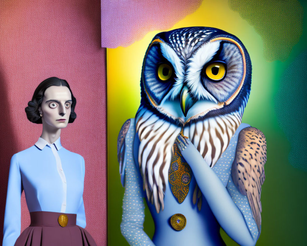 Surreal human with owl head beside pensive woman on colorful abstract backdrop