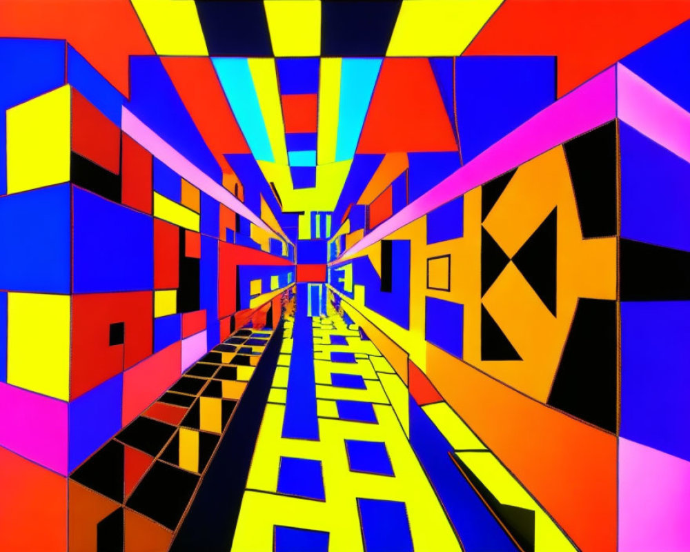 Abstract geometric tunnel with multicolored patterns.