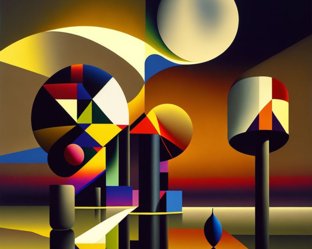 Colorful Surreal Landscape with Geometric Shapes and Gradient Sky