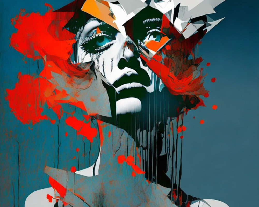 Female figure with geometric elements in vibrant red on blue background
