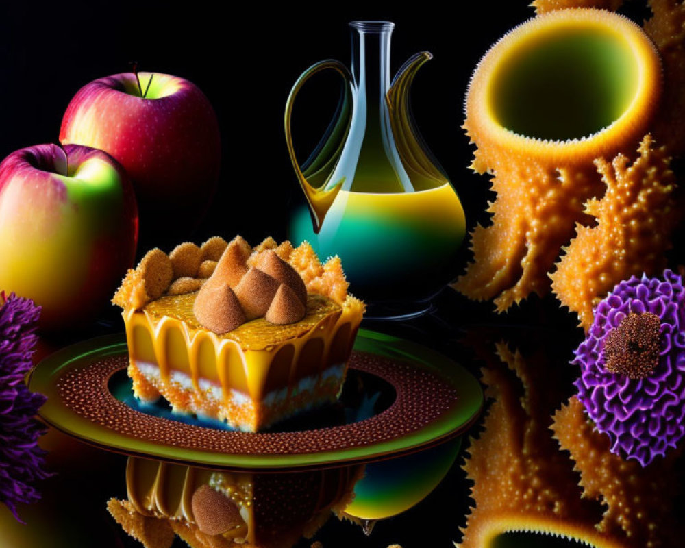Vibrant still life with apples, liquid in glass, cake, abstract flowers