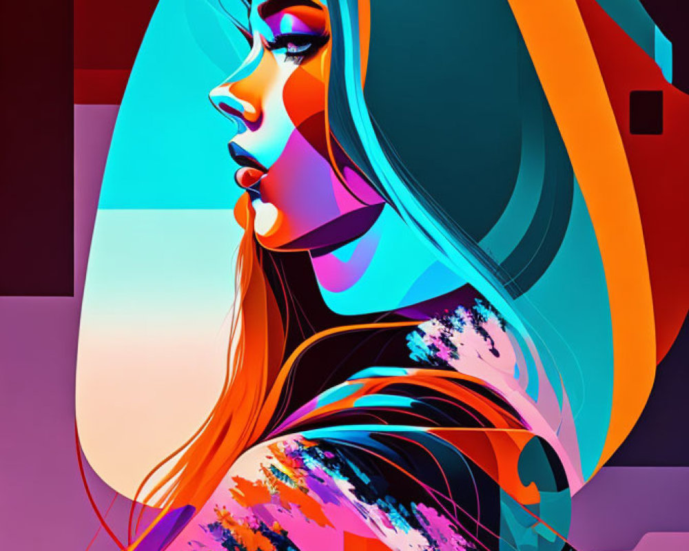 Vibrant Stylized Woman Portrait with Geometric Shapes