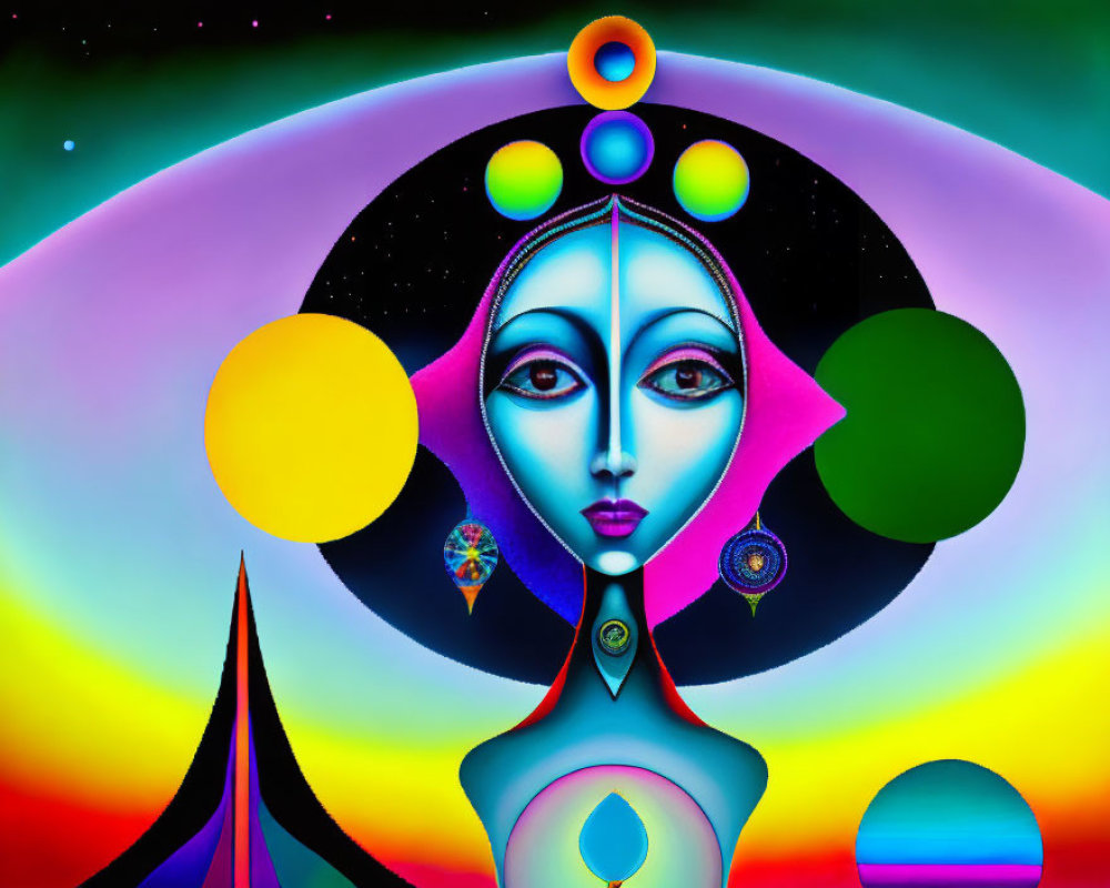 Vibrant digital artwork: stylized female face with abstract shapes & cosmic backdrop