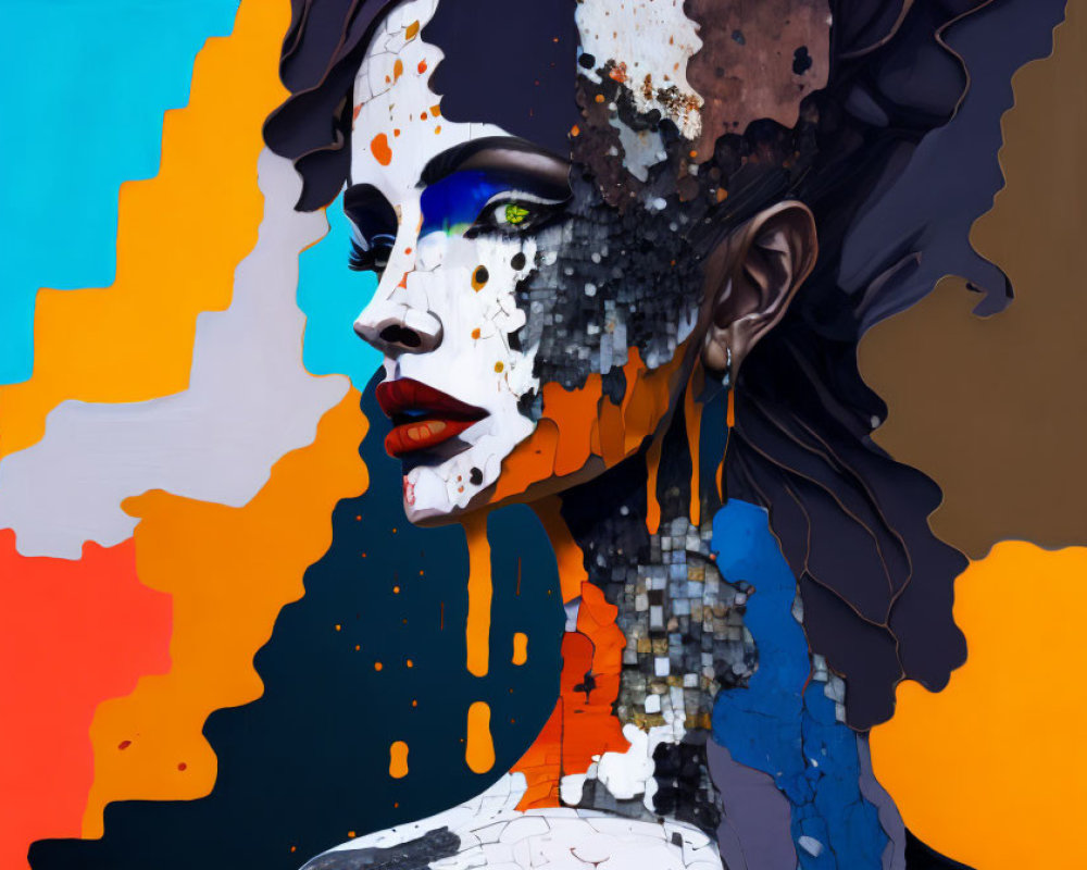 Colorful digital artwork of a woman's face with melting and pixelated textures