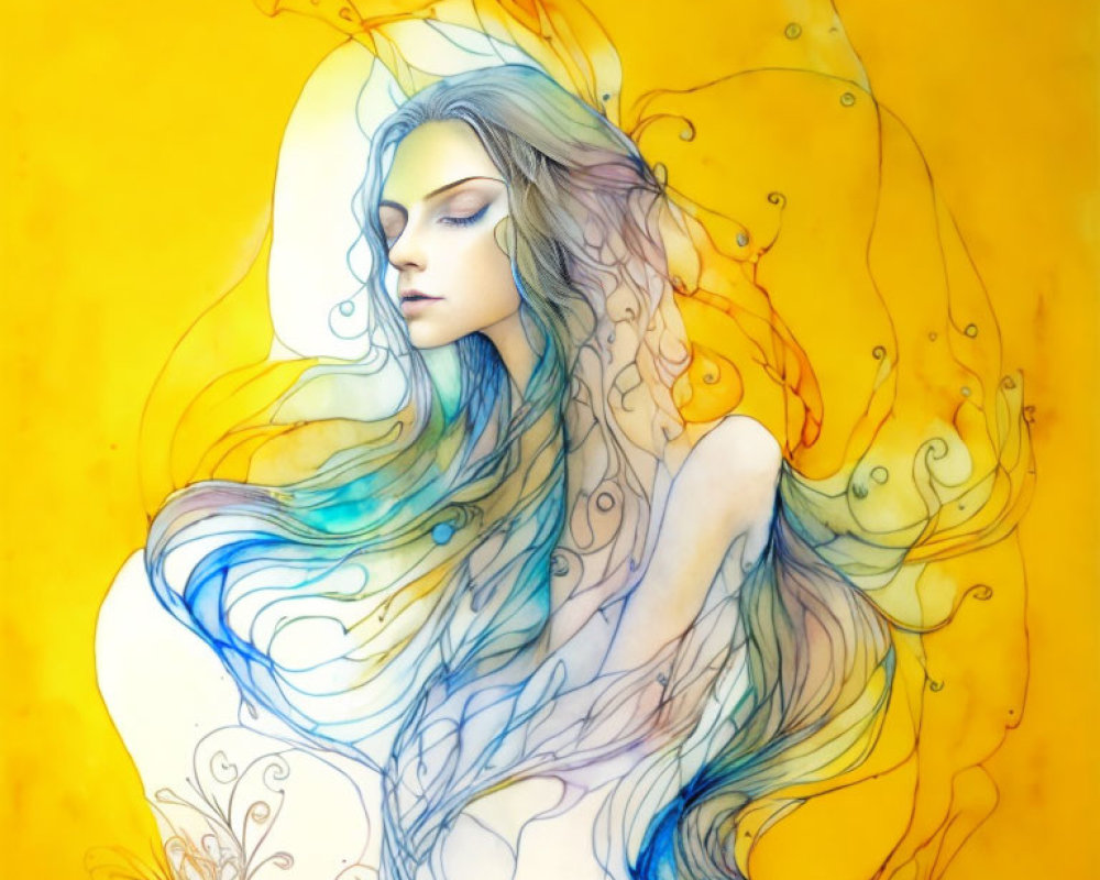 Serenity-themed woman illustration in shades of blue on vibrant yellow background
