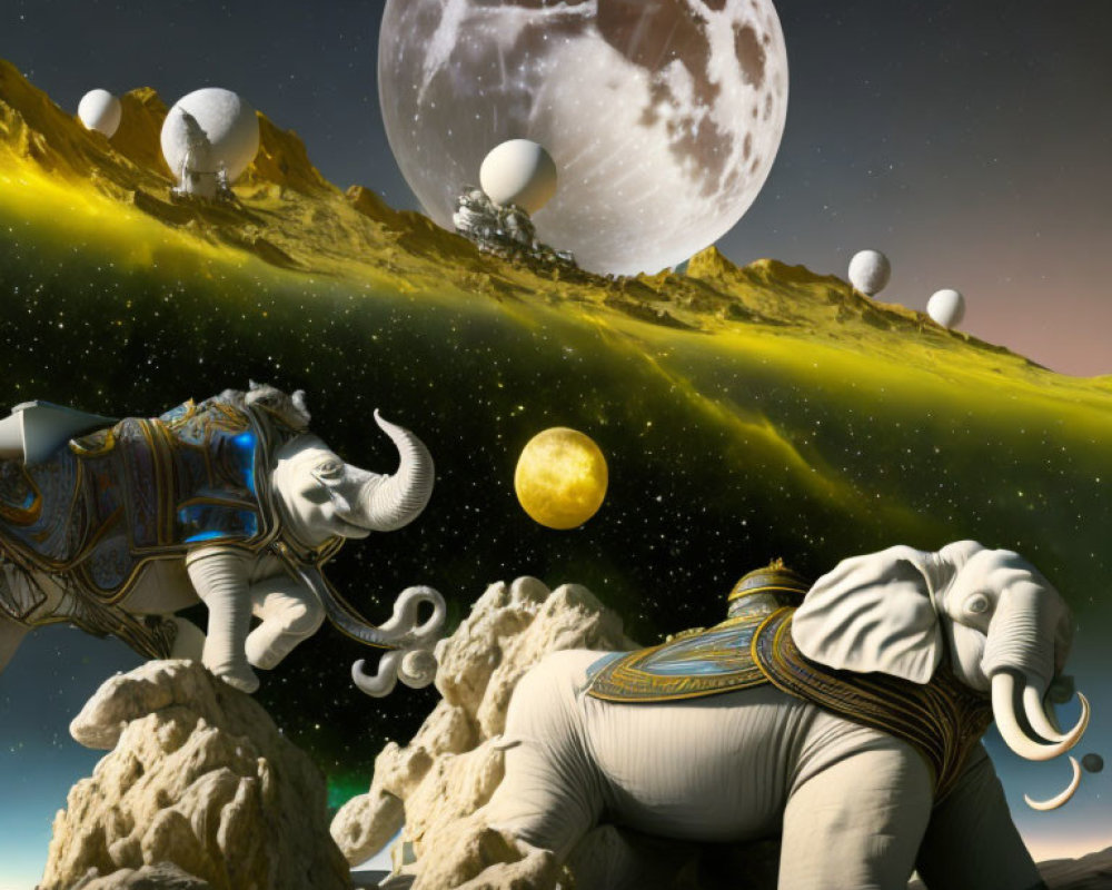 Surreal landscape with decorated elephants, floating orbs, and large moon