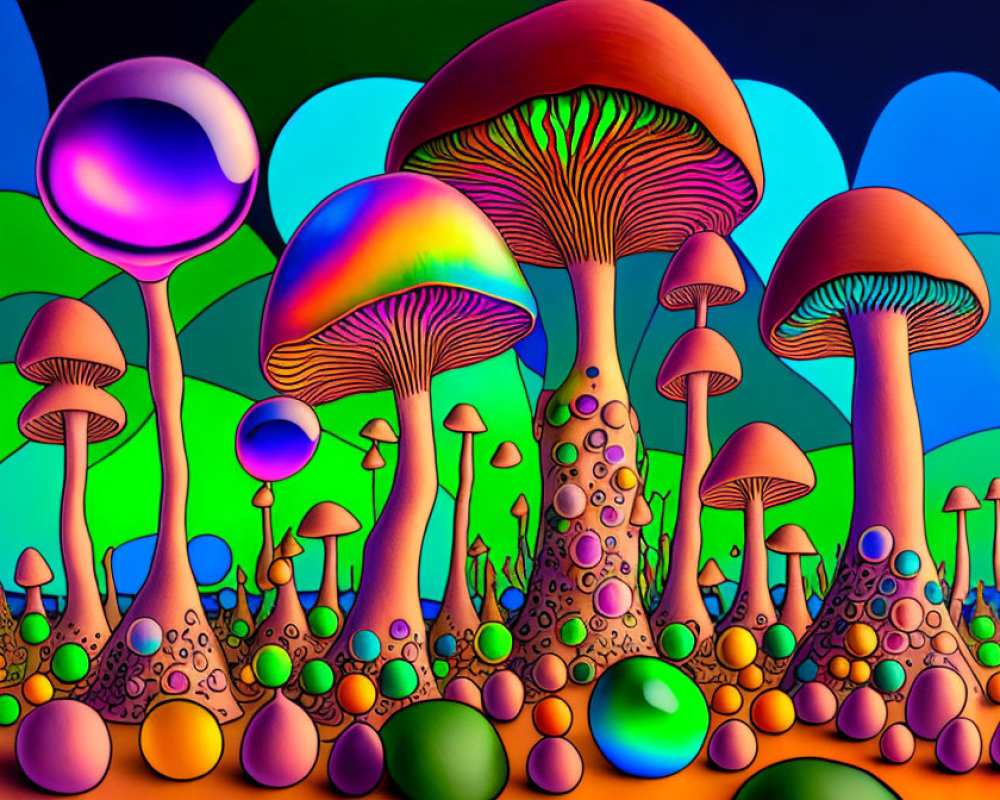 Colorful Mushroom Illustration with Psychedelic Landscape