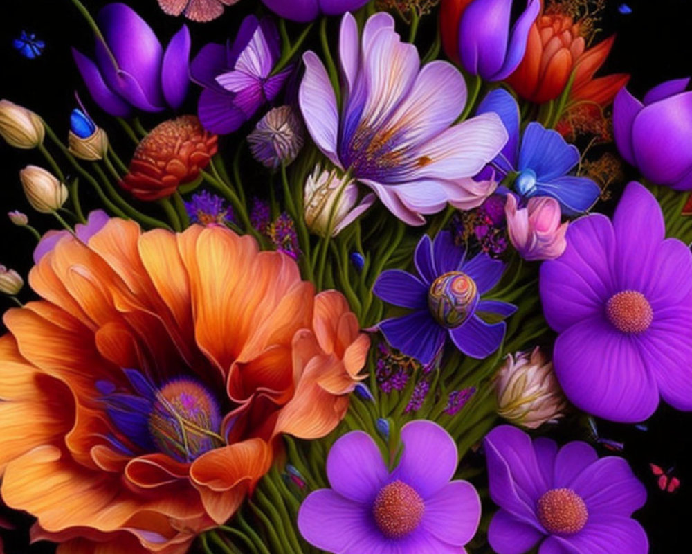 Colorful Flower Collection with Butterfly on Dark Background