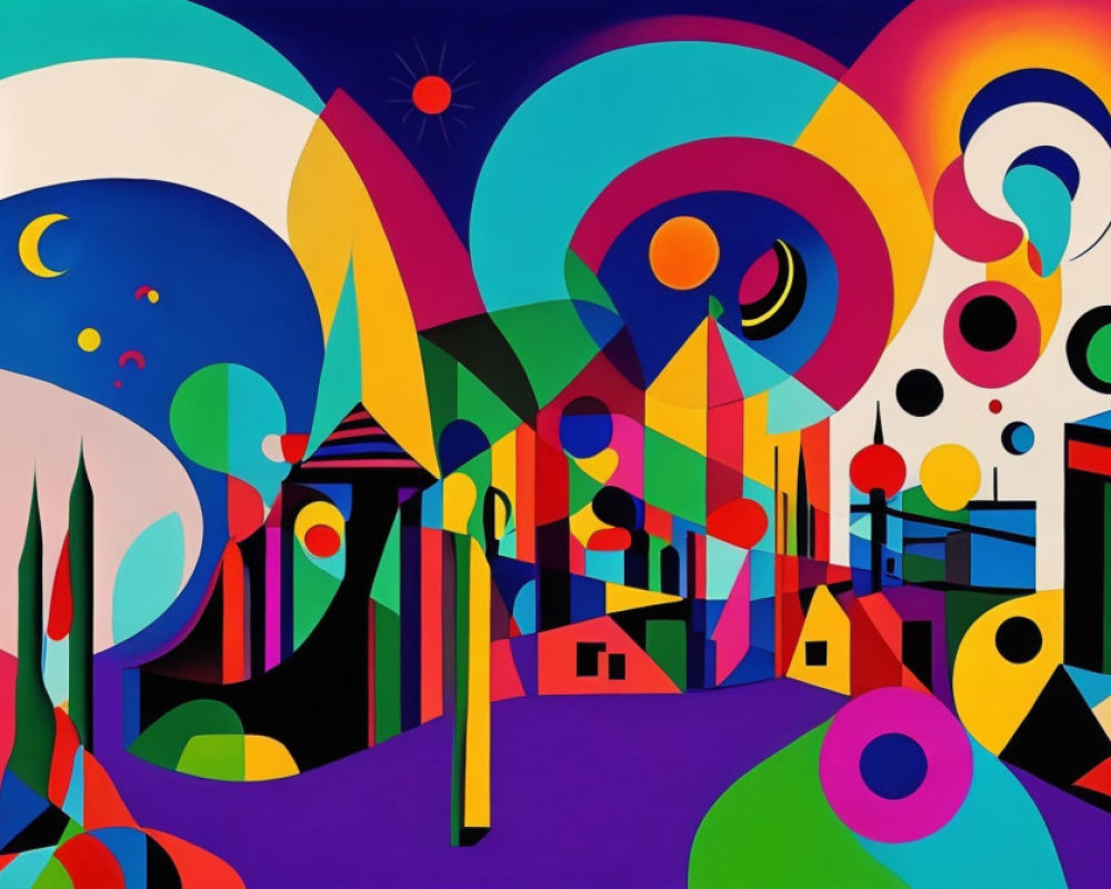 Colorful Abstract Painting with Geometric Shapes & Celestial Theme