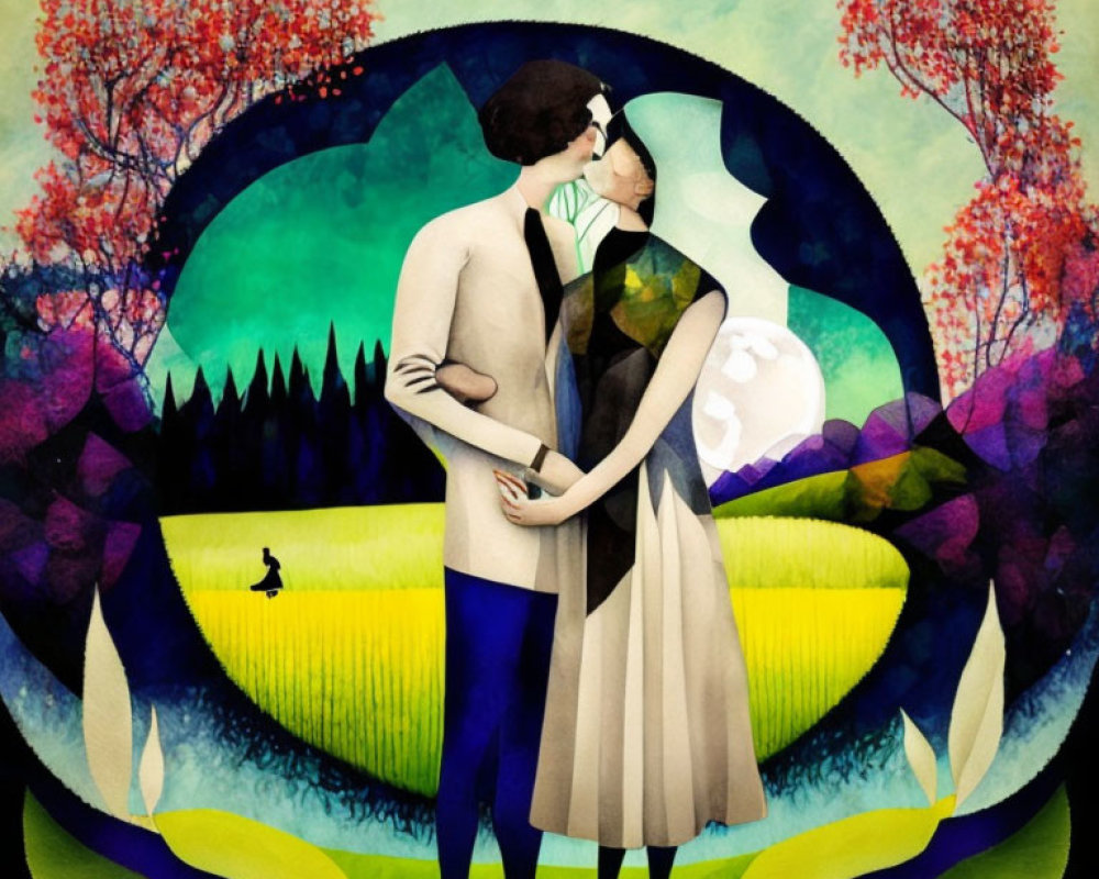 Vibrant illustration: couple kissing in surreal landscape with red trees, full moon, and pond duck
