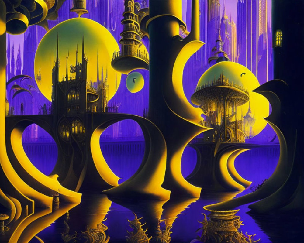 Surreal futuristic cityscape with glowing purple and gold architecture
