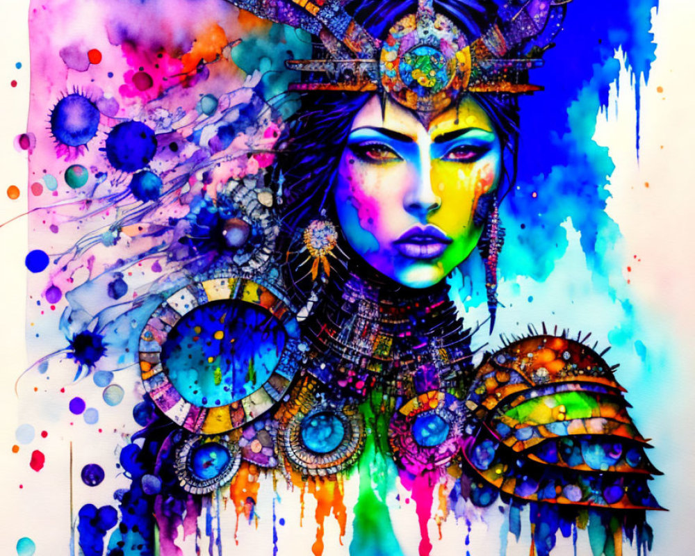 Colorful Watercolor Painting of Stylized Woman with Elaborate Headgear