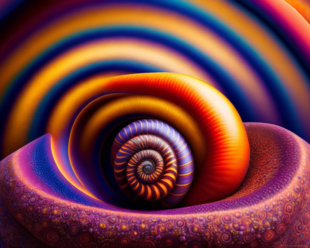 Colorful Fractal Spiral with Seashell Patterns on Rainbow Background