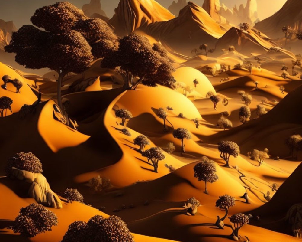 Scenic desert landscape with golden sand dunes and green trees