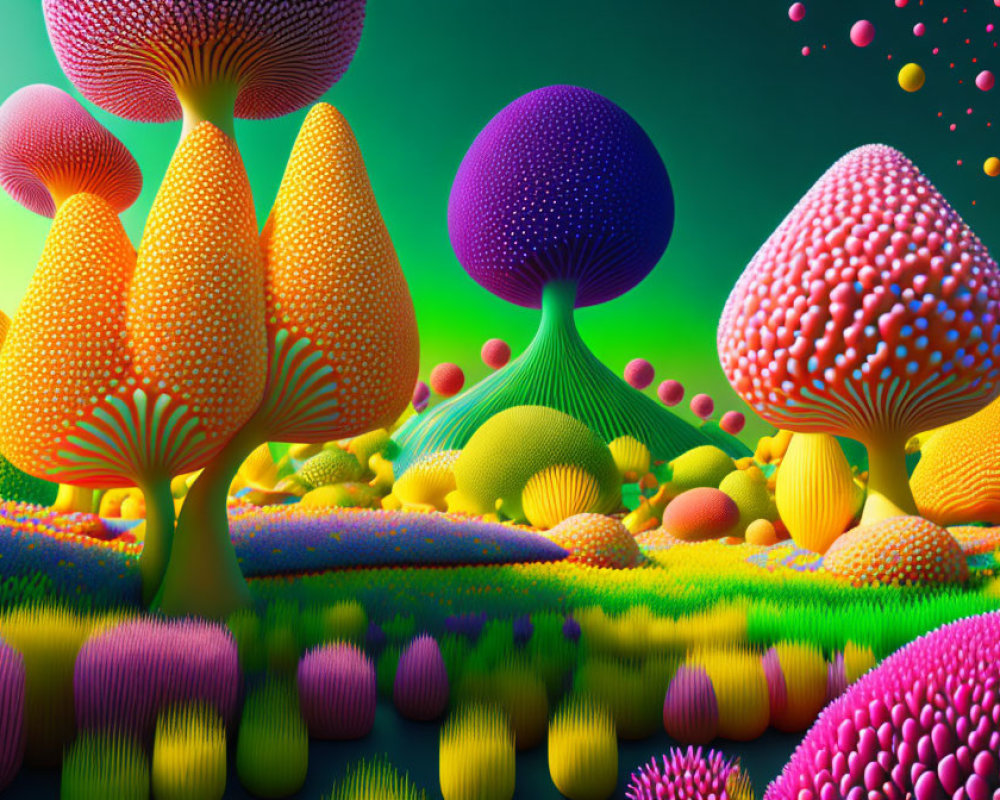 Vibrant fantasy landscape with neon mushrooms in alien forest