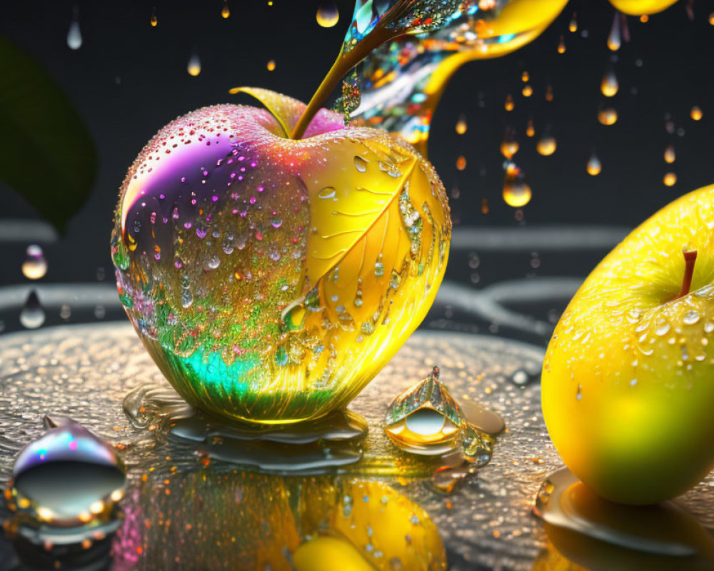 Colorful digital apple with water droplets next to yellow apple on reflective surface