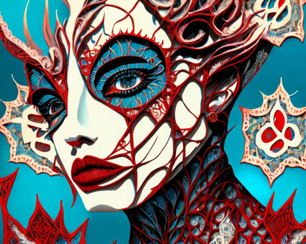 Colorful digital artwork of a woman with red and white mask patterns on turquoise background