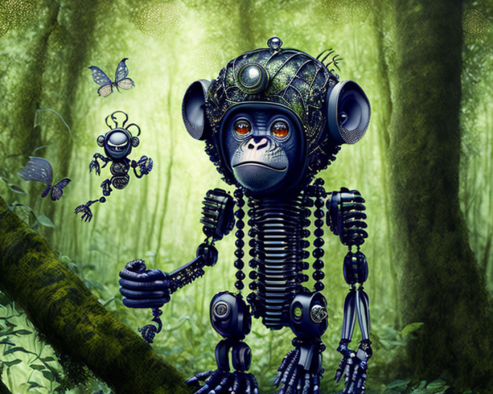 Detailed digital artwork: robotic monkey in mystical forest with butterflies