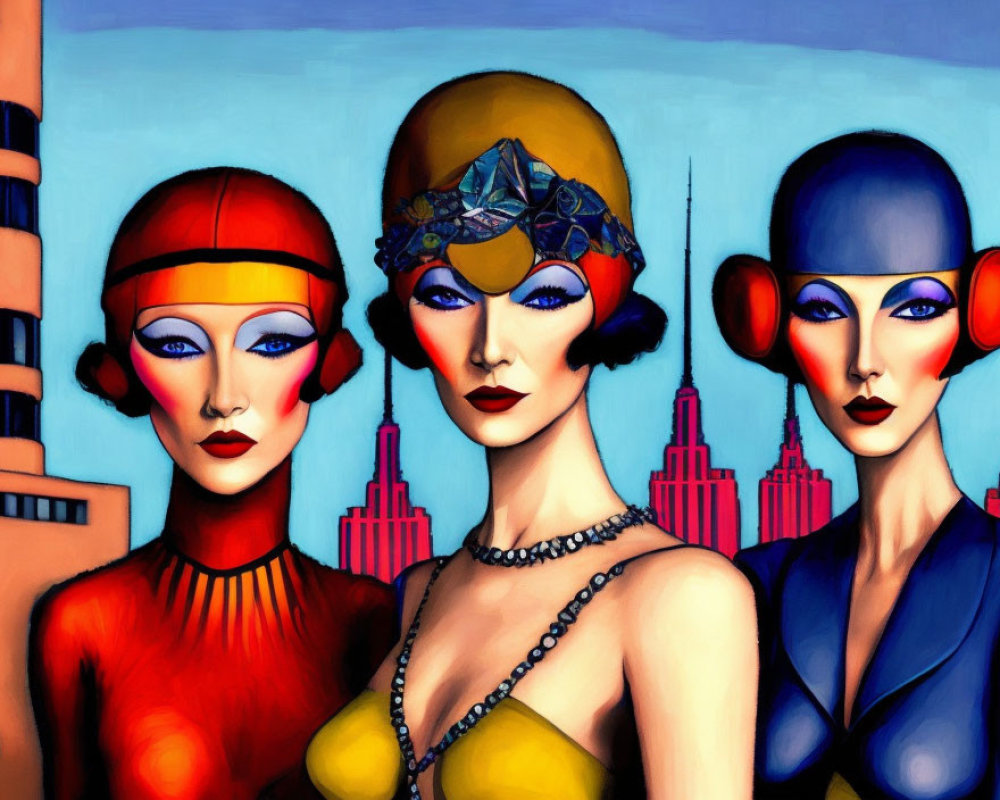 Stylized women in 1920s flapper fashion against cityscape background
