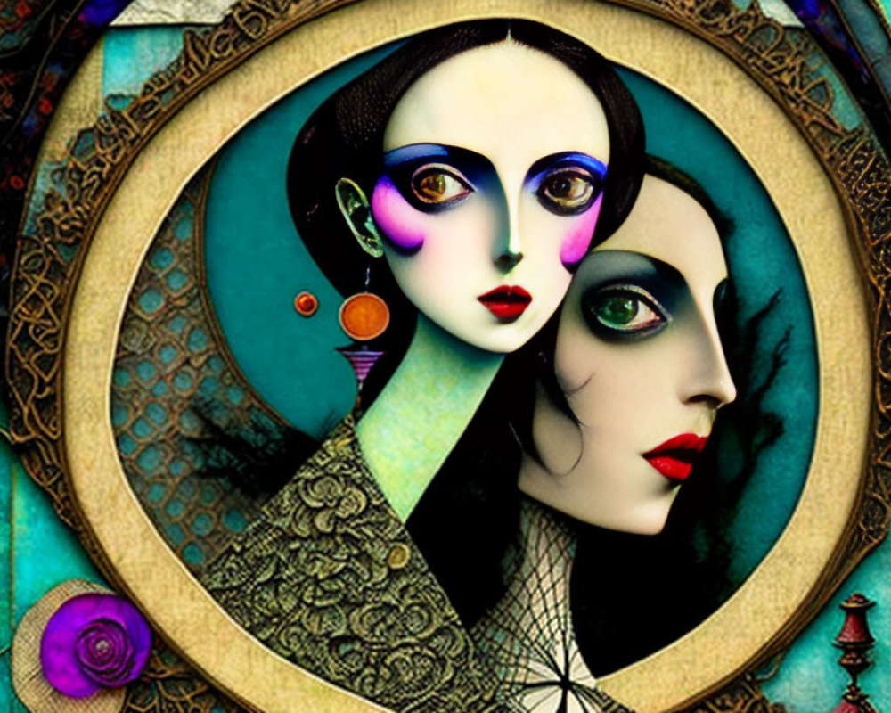 Surreal digital artwork featuring two women with pale skin, contrasting makeup, stylized features, vibrant