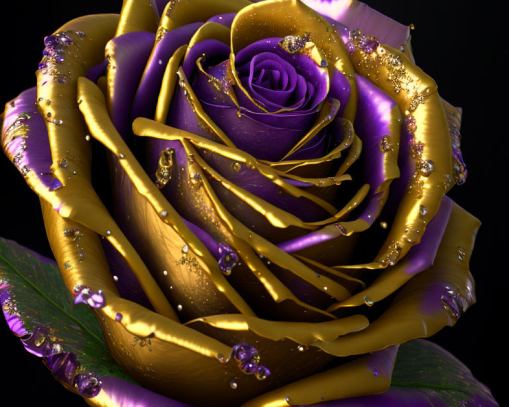 Purple and Gold Rose with Glitter and Water Droplets on Dark Background