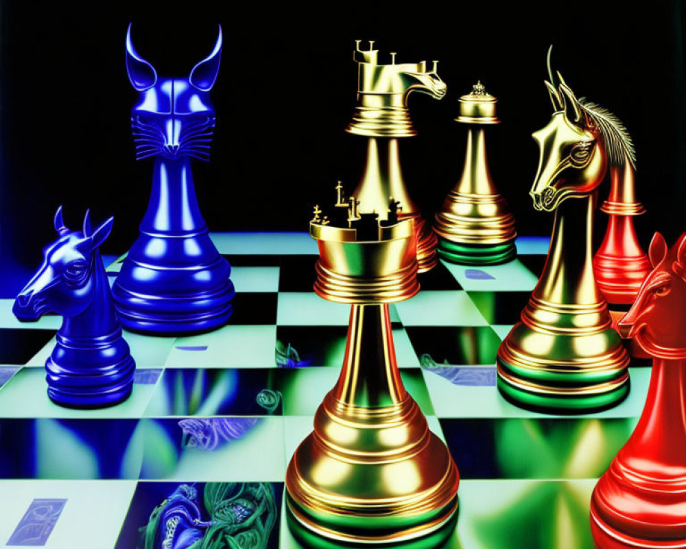 Colorful Chess Set with Artistic Pieces on Blue and Green Checkerboard