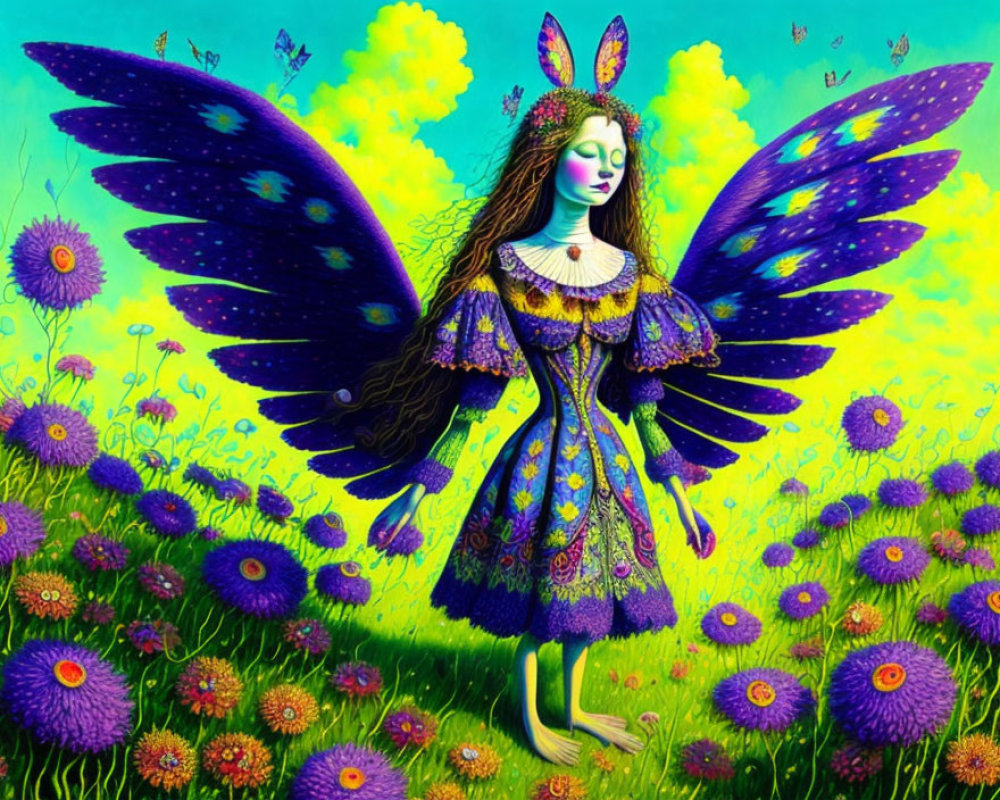 Colorful fairy with butterfly wings in vibrant flower field under blue sky