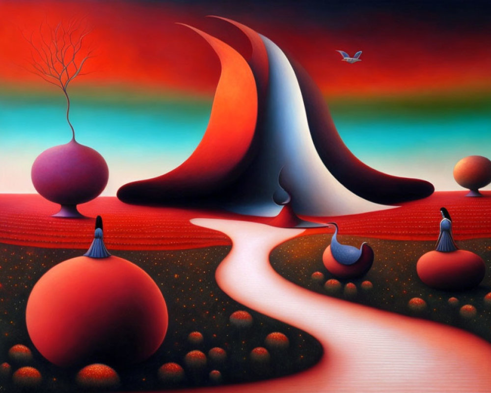 Vibrant surreal landscape with flowing forms and bird in flight