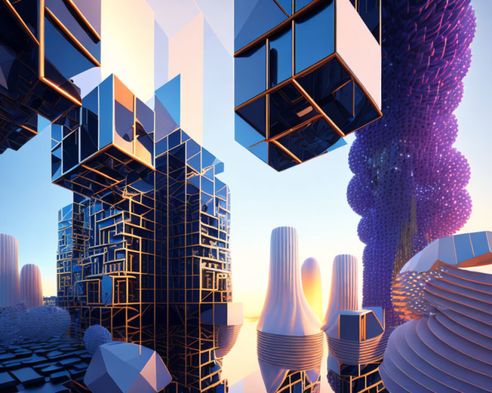 Futuristic cityscape with floating geometric structures and reflective skyscrapers.