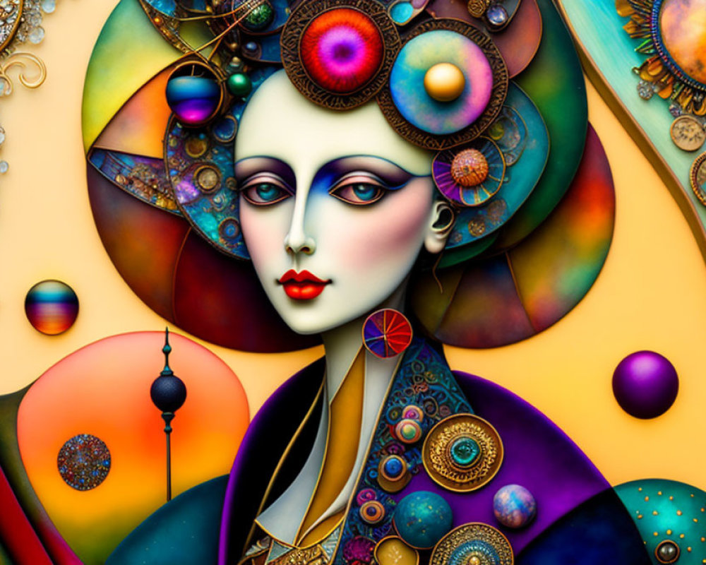 Colorful Stylized Woman Illustration with Abstract and Surrealistic Elements