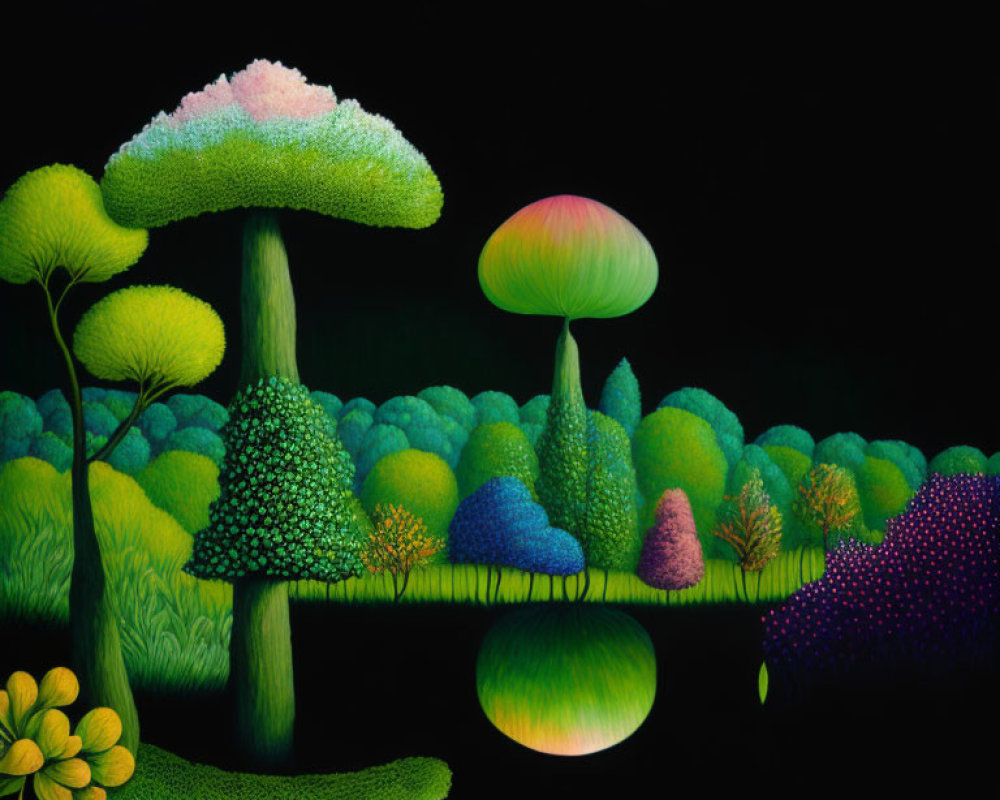 Colorful Surreal Artwork: Multicolored Trees and Mushrooms with Mirrored Reflections