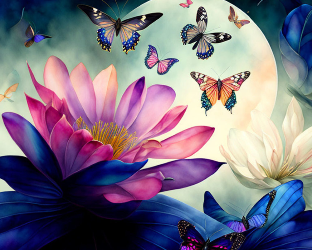 Colorful Butterflies and Flowers under Full Moon