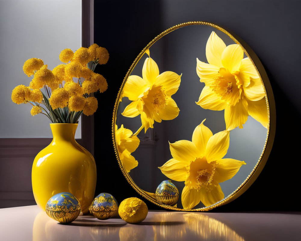 Yellow Vase with Flowers and Mirror Reflection on Table with Decorative Eggs