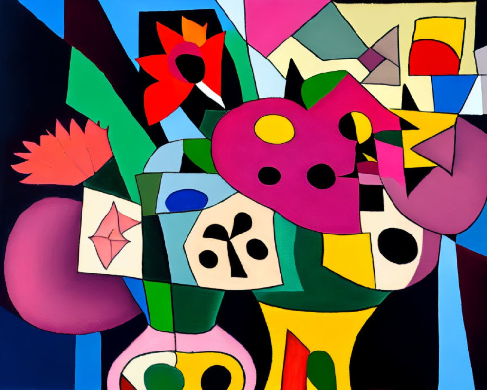 Vibrant Abstract Painting with Geometric Shapes and Floral Elements