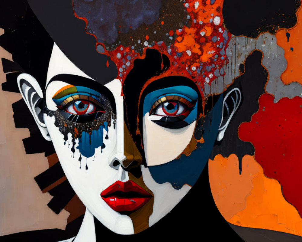 Dual-faced abstract art with vivid eye makeup, melting features, and contrasting colors in black, white,