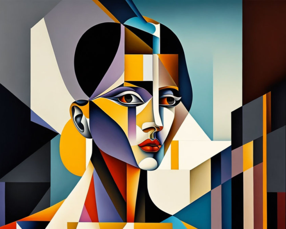 Abstract Cubist-style Female Face Painting with Geometric Shapes