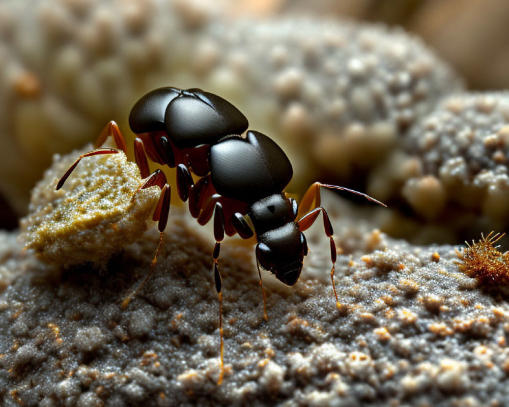 Detailed close-up of shiny black ant on textured surface