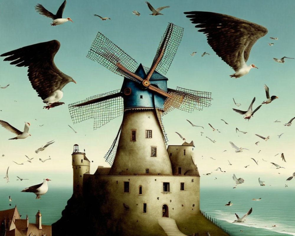 Windmill with Lighthouse Features and Flying Seagulls in Serene Sky