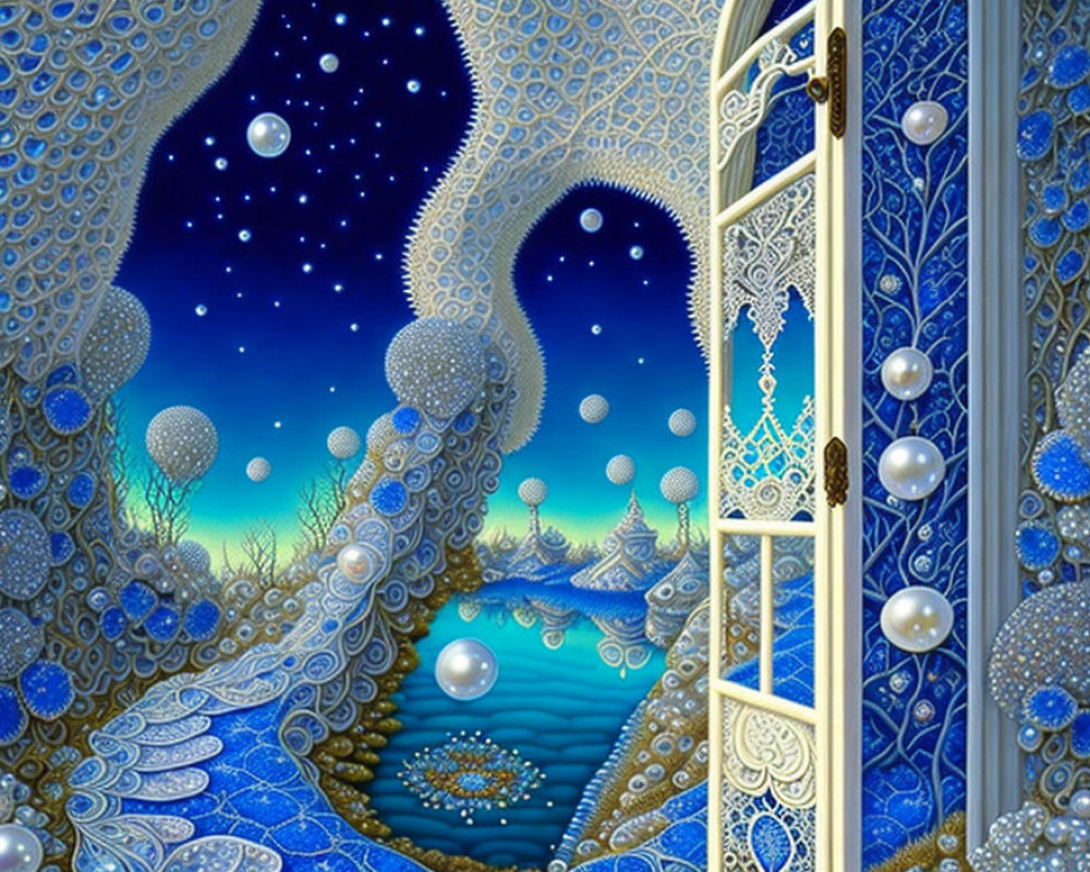 Surreal landscape artwork with ladder, night sky, stars, blue patterns, and orbs