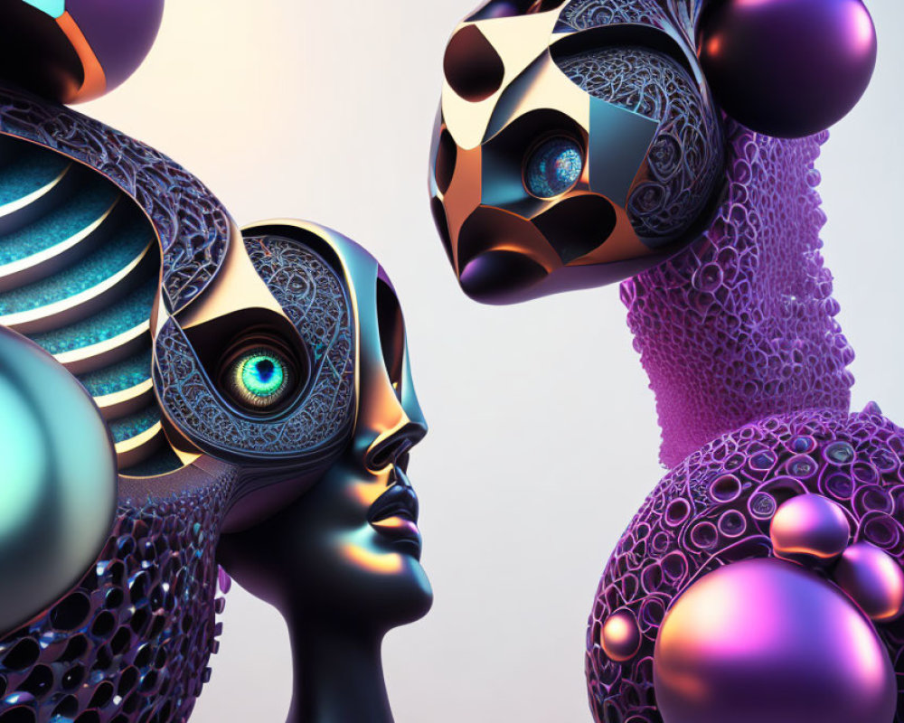 Intricate humanoid figures with eye motif in surreal digital art