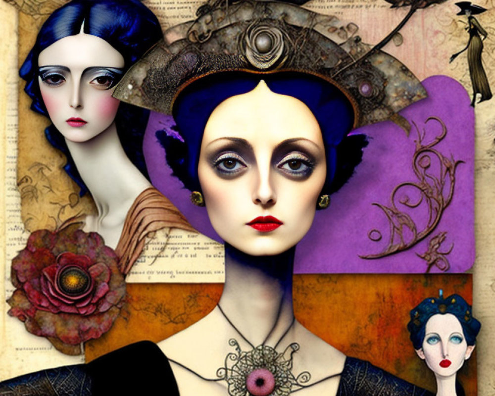 Colorful surreal collage of women's faces with vintage makeup and elements
