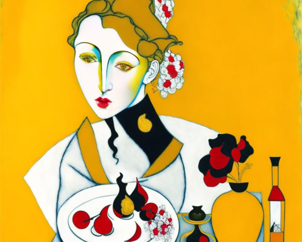 Stylized painting of woman with yellow background and floral elements