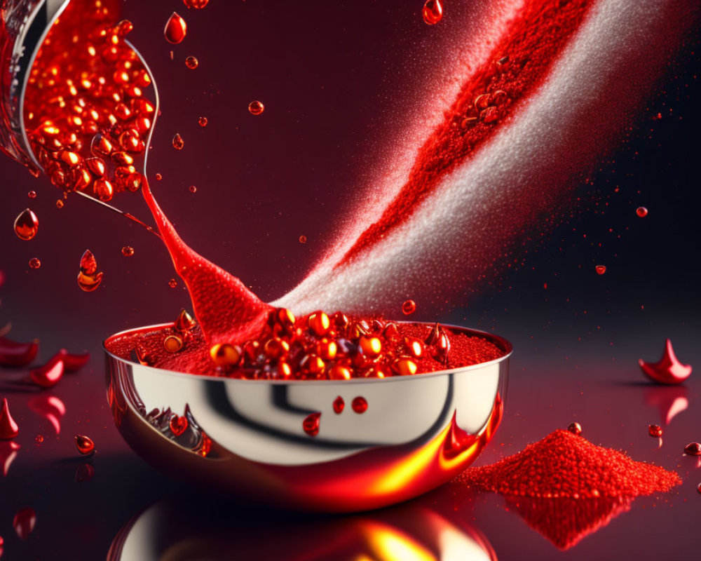 Vibrant red liquid pouring into a bowl on dark background