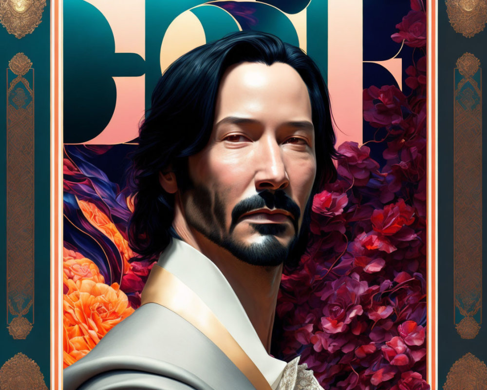 Man with Dark Hair and Goatee in Ornate Floral Frame on "GOD" Backdrop
